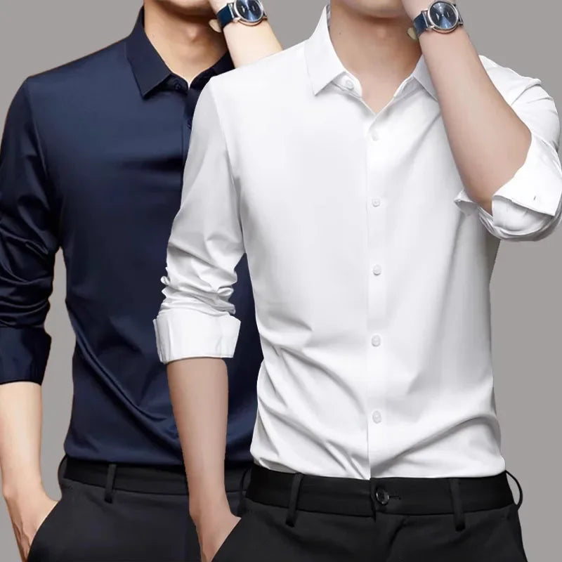 Spring and summer seamless high elasticity men's shirt long sleeved business casual wrinkle free shirt men's silky smooth shirt