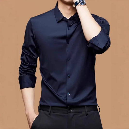 Spring and summer seamless high elasticity men's shirt long sleeved business casual wrinkle free shirt men's silky smooth shirt